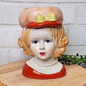 Reproduction China Young Teenage Girl Lady with Hat Head Vase Nippon‎ 6.5"